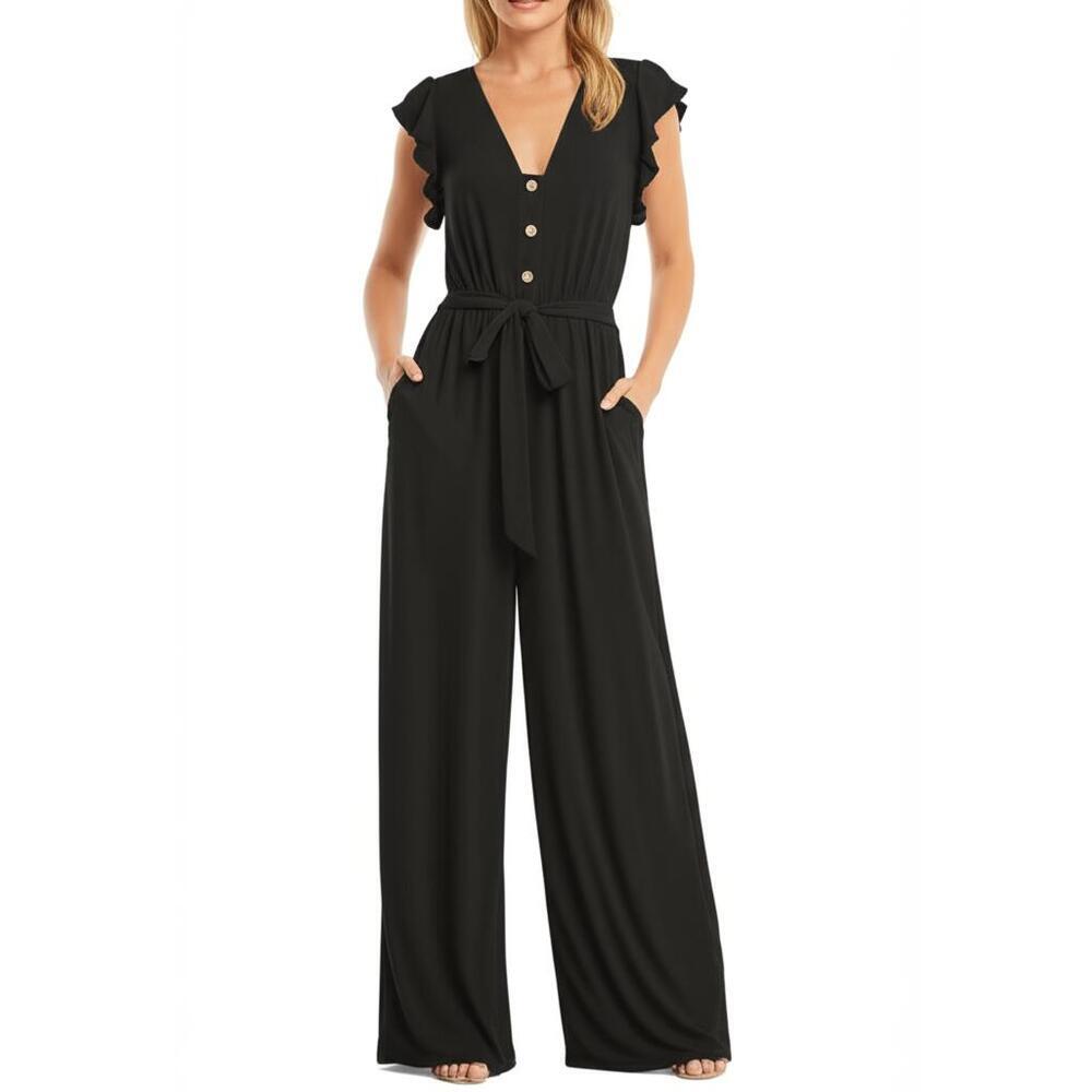 AGB Jumpsuit Womens‎ Size 1X Black Wide-Leg Flutter Sleeve Elastic Waist Chic